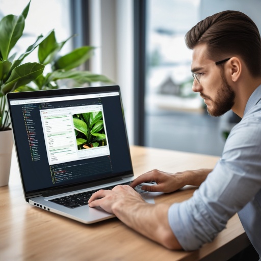 Web developer working on a responsive website design with HTML and CSS code displayed on a laptop screen